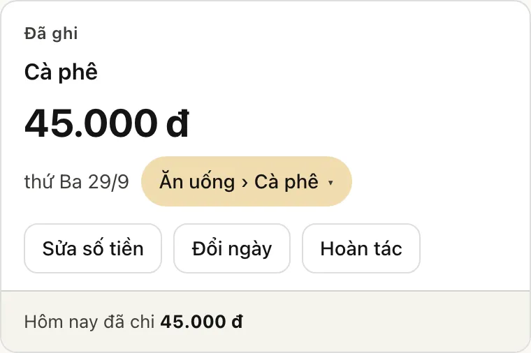Thẻ Đã ghi: Cà phê, 45.000 đ, thứ Ba 29/9, danh mục Ăn uống › Cà phê, các nút Sửa số tiền, Đổi ngày, Hoàn tác. Hôm nay đã chi 45.000 đ.